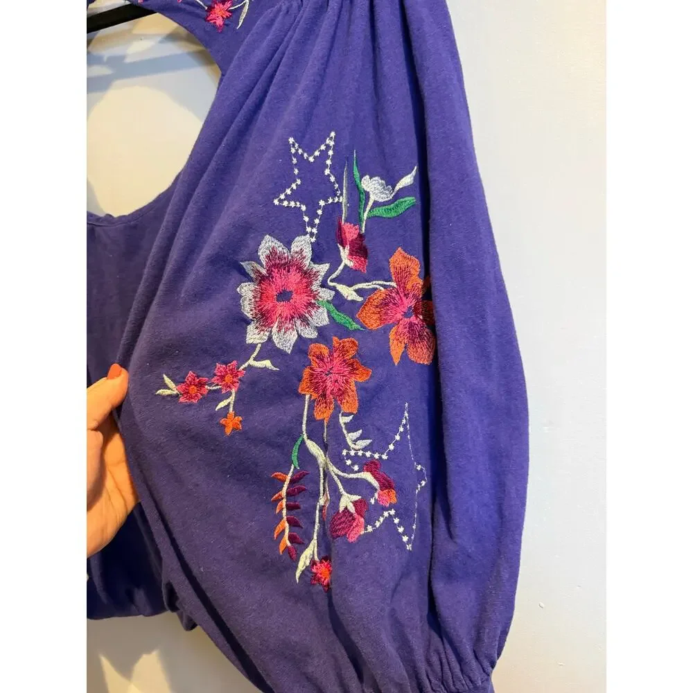 Free People Embroidered Cutout Front Peasant Top